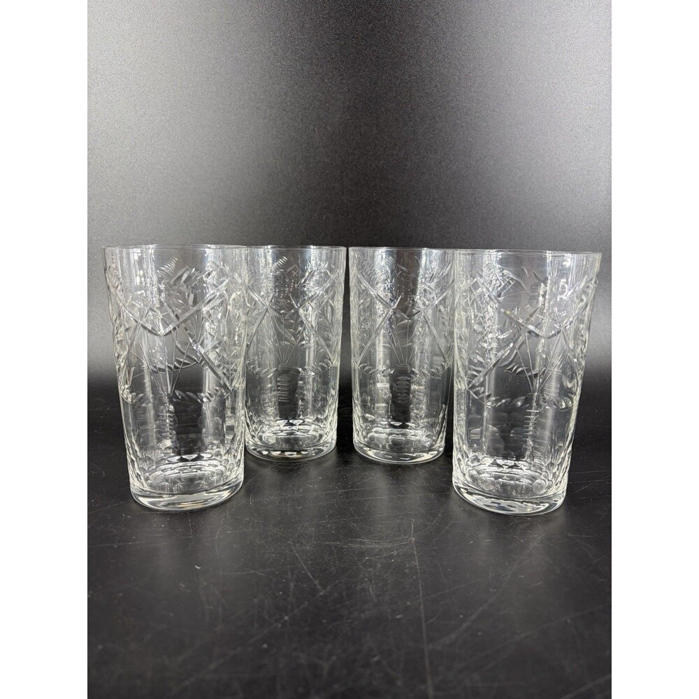 4 Rock Sharpe Cut Crystal Water Tumbler Highball Glass Floral Etched